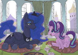 Size: 4093x2894 | Tagged: safe, alternate version, artist:yanamosuda, character:princess luna, character:starlight glimmer, species:alicorn, species:pony, species:unicorn, /mlp/, canterlot, canterlot castle interior, duo, female, food, hoof shoes, lying on pillows, mare, pillow, prone, sitting on pillow, talking, tea