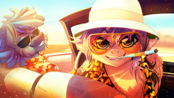 Size: 1000x563 | Tagged: safe, artist:limreiart, oc, oc only, species:pegasus, species:pony, species:zebra, car, cigarette, clothing, convertible, crossover, fear and loathing in las vegas, glasses, hat, hawaiian shirt, looking at you, shirt, smoking, sunglasses, vehicle, zebra oc