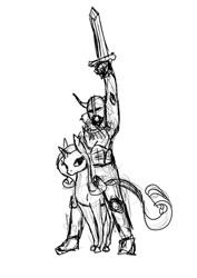Size: 565x800 | Tagged: dead source, safe, artist:hiroshi-tea, character:rarity, species:classical unicorn, species:human, species:pony, species:unicorn, cloven hooves, female, helmet, horn, horned helmet, human male, humans riding ponies, leonine tail, male, mare, monochrome, riding, simple background, sketch, sword, unshorn fetlocks, viking, viking helmet, weapon, white background