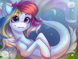 Size: 1600x1200 | Tagged: safe, artist:falafeljake, oc, oc only, oc:rainbow dreams, species:seapony (g4), female, looking at you, not rainbow dash, smiling, solo, underwater, ych result