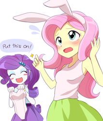 Size: 800x941 | Tagged: safe, alternate version, artist:ryuu, character:fluttershy, character:rarity, species:human, my little pony:equestria girls, anime, blush sticker, blushing, bunny ears, bunny suit, clothing, cute, dialogue, duo, female, leotard, open mouth, plewds, raribetes, shyabetes, simple background, speech bubble, sweat, translation, white background