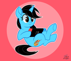 Size: 1338x1143 | Tagged: safe, artist:iheartjapan789, oc, oc only, oc:andrea, species:pony, species:unicorn, cute, female, hoof hold, mare, nintendo switch, simple background, sitting, solo