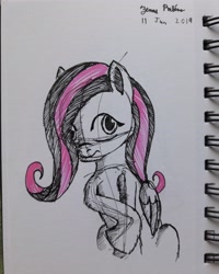Size: 2448x3060 | Tagged: safe, artist:rockhoppr3, character:fluttershy, species:pony, emoshy, female, monochrome, neo noir, partial color, solo, traditional art
