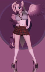 Size: 2159x3430 | Tagged: safe, artist:helioseusebio, oc, oc only, oc:shimmering spectacle, species:alicorn, species:anthro, species:pony, 3d, alicorn oc, anthro oc, belly button, clothing, female, gradient background, high heels, magical lesbian spawn, magical threesome spawn, midriff, offspring, platform heels, school uniform, schoolgirl, sexy, shoes, wings