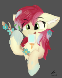 Size: 4000x5000 | Tagged: safe, artist:lunar froxy, character:roseluck, species:earth pony, species:pony, episode:student counsel, cheek fluff, chest fluff, cute, cuteluck, ear fluff, eye clipping through hair, female, flower, fluffy, glue, mare, mouth hold, scene interpretation, silly, silly pony, simple background, smiling, solo, stick