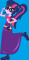 Size: 4345x9008 | Tagged: safe, artist:starman1999, character:twilight sparkle, character:twilight sparkle (scitwi), species:eqg human, episode:festival filters, g4, my little pony: equestria girls, my little pony:equestria girls, spoiler:eqg series (season 2), blue background, boots, clothing, cute, fanny pack, glasses, long skirt, looking at you, ponytail, raised leg, shoes, simple background, skirt, twiabetes