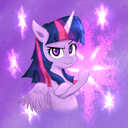 Size: 1500x1500 | Tagged: safe, artist:yinglongfujun, character:twilight sparkle, character:twilight sparkle (alicorn), species:alicorn, species:pony, cutie mark background, dreamworks face, female, rosie the riveter, solo, we can do it!