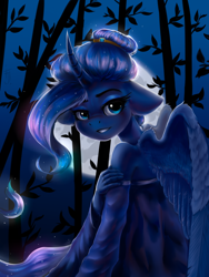 Size: 1200x1600 | Tagged: safe, artist:falafeljake, character:princess luna, species:alicorn, species:anthro, species:pony, alternate hairstyle, bamboo, clothing, curved horn, cute, dress, ethereal mane, female, floppy ears, full moon, galaxy mane, hair bun, horn, looking back, lunabetes, mare, moon, night, off shoulder, smiling, solo
