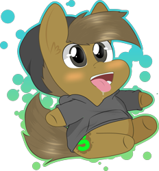 Size: 3236x3485 | Tagged: safe, artist:almond evergrow, oc, oc:almond evergrow, species:earth pony, species:pony, brown coat, brown hair, brown mane, cap, chibi, chibi pony, clothing, drool, ear fluff, gray eyes, hat, hoodie, male, open mouth, simple background, simple shading, smiling, smol, solo, stallion, teeth, tongue out, transparent background
