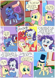 Size: 850x1202 | Tagged: safe, artist:fadri, character:fluttershy, character:princess luna, character:rarity, species:pegasus, species:pony, species:unicorn, comic:and that's how equestria was made, carousel boutique, clothing, comic, female, hat, mare, messy mane, s1 luna, socks, teeth, top hat