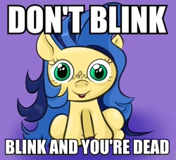 Size: 960x872 | Tagged: safe, artist:wizardski, oc, oc only, oc:milky way, species:pony, all caps, doctor who, don't blink, female, freckles, image macro, impact font, mare, smiling, solo, stare, weeping angel