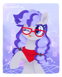Size: 891x1101 | Tagged: safe, artist:sonnatora, oc, oc only, oc:cinnabyte, species:earth pony, species:pony, bandana, female, glasses, mare, neckerchief, one eye closed, pigtails, solo, tongue out