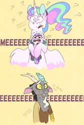 Size: 2000x3000 | Tagged: safe, artist:glitterstar2000, character:discord, character:princess celestia, oc, oc:nayade, parent:discord, parent:princess celestia, parents:dislestia, ship:dislestia, alternate hairstyle, baby, confused, descriptive noise, draconequus hybrid, ear fluff, family, female, hybrid, interspecies offspring, male, neck fluff, offspring, ponytail, question mark, screaming, shipping, simple background, straight, yellow background