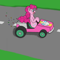 Size: 1000x1000 | Tagged: safe, artist:redquoz, character:pinkie pie, species:earth pony, species:pony, confetti, crossover, driving, looking offscreen, mario kart, racing, tongue out