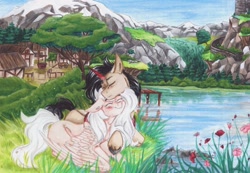 Size: 1280x885 | Tagged: safe, artist:scootiegp, oc, species:pegasus, species:pony, species:unicorn, blushing, building, bush, couple, forest, grass, lake, lying down, medieval, mountain, oc x oc, shipping, traditional art, tree, village, water