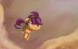 Size: 2531x1612 | Tagged: safe, artist:andromedasparkz, character:scootaloo, species:pegasus, species:pony, newbie artist training grounds, amputee, artificial wings, augmented, female, filly, flying, goggles, mechanical wing, prosthetic limb, prosthetic wing, prosthetics, scootaloo can fly, sky, solo, steampunk, wings