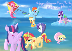 Size: 2039x1447 | Tagged: safe, artist:yinglongfujun, character:applejack, character:fluttershy, character:pinkie pie, character:rainbow dash, character:rarity, character:spike, character:starlight glimmer, character:sunset shimmer, character:twilight sparkle, character:twilight sparkle (alicorn), species:alicorn, species:crab, species:earth pony, species:pegasus, species:pony, species:unicorn, beach, female, kite, magic, male, mare, water, wet
