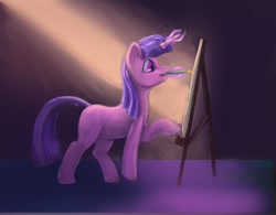 Size: 1024x799 | Tagged: safe, artist:stratodraw, character:twilight sparkle, character:twilight sparkle (unicorn), species:pony, species:unicorn, crepuscular rays, easel, female, levitation, magic, mouth hold, paintbrush, painting, raised hoof, solo, telekinesis