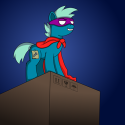 Size: 1000x1000 | Tagged: safe, artist:redquoz, species:earth pony, species:pony, cape, cardboard box, clothing, colt, crossover, disguise, fake cutie mark, grin, humongous entertainment, male, pajama sam, raised eyebrow, smiling, spotlight, video game crossover