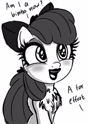 Size: 2480x3508 | Tagged: safe, artist:stammis, character:apple bloom, species:earth pony, species:pony, adorabloom, bimbo, bimboification, chest fluff, cute, female, monochrome, solo