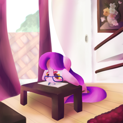 Size: 1733x1730 | Tagged: safe, artist:andromedasparkz, oc, oc only, oc:amber brush, species:earth pony, species:pony, newbie artist training grounds, atg 2019, curtains, drawing, female, glasses, mare, paper, pen, rug, solo, table, wardrobe