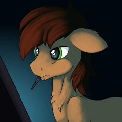 Size: 1000x1000 | Tagged: safe, artist:redquoz, oc, oc:red bark, ponysona, species:earth pony, species:pony, newbie artist training grounds, atg 2019, chest fluff, concentrating, dramatic lighting, drawing, drawing tablet, ear fluff, ear twitch, green eyes, male, mouth hold, self portrait, solo, stallion, stylus