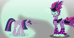 Size: 2000x1036 | Tagged: safe, artist:lynnthenerdkitty, character:midnight sparkle, character:twilight sparkle, character:twilight sparkle (alicorn), character:twilight sparkle (scitwi), species:alicorn, species:pony, my little pony:equestria girls, corrupted, giving in, immortality blues, midnight sparkle, sad, ultimate twilight