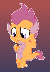 Size: 1249x1791 | Tagged: safe, artist:andromedasparkz, character:scootaloo, species:dragon, species:pegasus, species:pony, newbie artist training grounds, arm behind head, atg 2019, dragonified, female, scootadragon, simple background, solo, species swap, worried