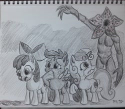 Size: 2819x2448 | Tagged: safe, artist:rockhoppr3, character:apple bloom, character:scootaloo, character:sweetie belle, species:pegasus, species:pony, crossover, cutie mark crusaders, demogorgon, glasses, monochrome, stranger things, traditional art