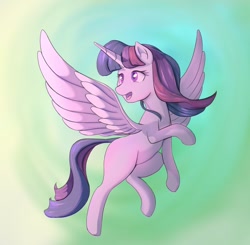 Size: 1024x1002 | Tagged: safe, artist:stratodraw, character:twilight sparkle, character:twilight sparkle (alicorn), species:alicorn, species:pony, abstract background, female, flying, looking back, mare, solo