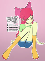 Size: 1115x1514 | Tagged: safe, artist:oldskullkid, character:apple bloom, my little pony:equestria girls, adorabloom, apple bloom's bow, blushing, boots, bow, clothing, cute, female, hair bow, jeans, looking at you, pants, shirt, shoes, sitting, solo