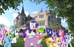 Size: 1280x819 | Tagged: safe, artist:disneymarvel96, character:applejack, character:coloratura, character:fluttershy, character:pinkie pie, character:princess cadance, character:princess celestia, character:princess luna, character:rainbow dash, character:rarity, character:shining armor, character:spike, character:starlight glimmer, character:twilight sparkle, character:twilight sparkle (alicorn), species:alicorn, species:dragon, species:pony, ship:sparity, bow tie, castle, disney, disney princess, dragons in real life, fat, fat spike, female, irl, male, mane seven, mane six, minneapolis, minnesota, photo, ponies in real life, shipping, straight, winged spike