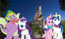 Size: 7328x4433 | Tagged: safe, artist:disneymarvel96, character:princess cadance, character:rarity, character:shining armor, character:spike, species:alicorn, species:dragon, species:pony, species:unicorn, ship:shiningcadance, ship:sparity, bow tie, castle, crown, disney, disney princess, disneyland, disneyland paris, dragons in real life, fat, fat spike, female, irl, jewelry, male, photo, ponies in real life, regalia, shipping, straight, tiara, winged spike