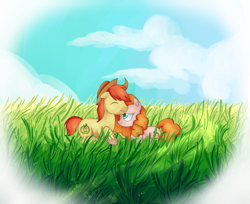 Size: 3531x2880 | Tagged: safe, artist:andromedasparkz, character:bright mac, character:pear butter, species:earth pony, species:pony, newbie artist training grounds, cloud, eyes closed, female, grass, male, mare, prone, shipping, sky, stallion
