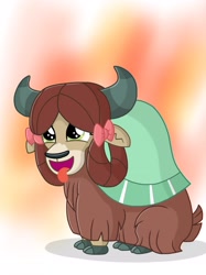 Size: 2048x2732 | Tagged: safe, artist:justsomepainter11, character:yona, species:yak, episode:school daze, g4, my little pony: friendship is magic, adorable face, behaving like a dog, bow, cloven hooves, cuddly, cute, cuteness overload, dawwww, female, funny, hair bow, huggable, monkey swings, panting, puppy, silly, solo, tongue out, yonadorable