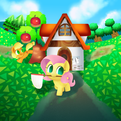 Size: 2000x2000 | Tagged: safe, artist:andromedasparkz, character:applejack, character:fluttershy, species:earth pony, species:pegasus, species:pony, newbie artist training grounds, animal crossing, apple tree, butterfly, cloud, crossover, female, house, mailbox, mare, net, sky, tree