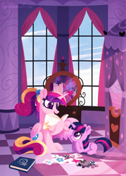 Size: 1299x1813 | Tagged: safe, artist:sonnatora, character:princess cadance, character:shining armor, character:smarty pants, character:twilight sparkle, character:twilight sparkle (unicorn), species:alicorn, species:pony, species:unicorn, bedroom, book, crayon, crayon drawing, cute, cutedance, duo, ear fluff, female, filly, filly twilight sparkle, foalsitter, photo, ponytail, reading, smiling, teen princess cadance, twiabetes, younger