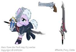 Size: 2598x1772 | Tagged: safe, artist:earth_pony_colds, species:pony, bionic arm, bionic hoof, clothing, coat, concept art, demon hunter, devil may cry, devil may cry 5, gun, handgun, nero (devil may cry), prosthetics, revolver, robotic hoof, show accurate, sword, weapon