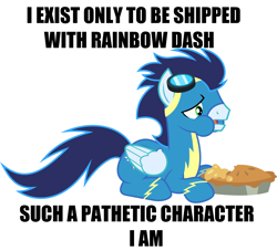 Size: 2900x2629 | Tagged: safe, artist:chainchomp2 edit, edit, character:rainbow dash, character:soarin', species:pegasus, species:pony, caption, clothing, female, food, image macro, implied shipping, implied soarindash, implied straight, male, op is a duck, op is trying to start shit, pie, solo, straight, text, uniform, wonderbolts uniform