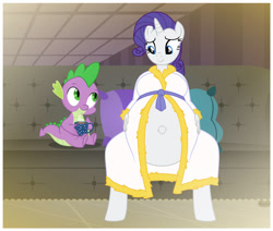 Size: 970x824 | Tagged: safe, artist:mintydrop2013, character:rarity, character:spike, species:anthro, species:dragon, species:pony, species:unguligrade anthro, species:unicorn, ship:sparity, bathrobe, belly, big belly, chocolate, clothing, couch, female, food, hot chocolate, interspecies, looking at each other, male, mug, outie belly button, preggity, pregnant, robe, shipping, sitting, smiling, straight