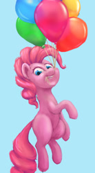 Size: 642x1167 | Tagged: safe, artist:stratodraw, character:pinkie pie, species:earth pony, species:pony, balloon, blue background, female, floating, mouth hold, simple background, smiling, solo, then watch her balloons lift her up to the sky