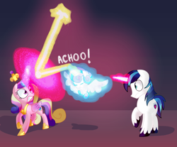 Size: 2389x1980 | Tagged: safe, artist:andromedasparkz, character:princess cadance, character:princess flurry heart, character:shining armor, species:alicorn, species:pony, species:unicorn, newbie artist training grounds, female, foal, laser, magic, magic aura, male, mare, shield, sneezing, stallion