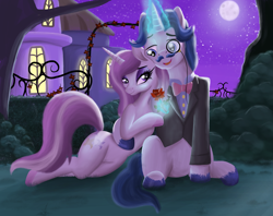 Size: 5187x4101 | Tagged: safe, artist:greenbrothersart, character:fancypants, character:fleur-de-lis, species:pony, ship:fancyfleur, absurd resolution, canterlot, cuddling, female, flower, full moon, garden, glowing horn, horn, looking at each other, magic, male, moon, night, romance, rose, shipping, straight, telekinesis