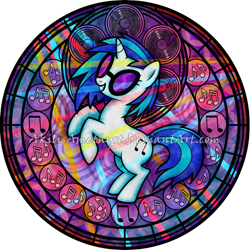 Size: 1024x1024 | Tagged: safe, artist:akili-amethyst, character:dj pon-3, character:vinyl scratch, species:pony, species:unicorn, dive to the heart, female, kingdom hearts, mare, music notes, rearing, record, solo, stained glass, vector