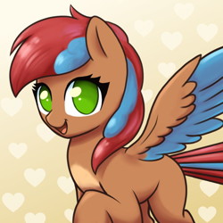 Size: 900x900 | Tagged: safe, artist:redquoz, oc, oc:allegra mazarine, species:pegasus, species:pony, newbie artist training grounds, atg 2019, bird pone, bird tail, blank flank, cute, female, green eyes, happy, happy to see you, looking at you, mare, open mouth, smiling, style emulation, thick eyelashes, two toned mane, two toned wings, wings