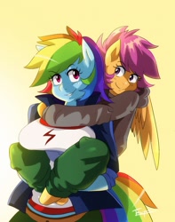 Size: 1260x1601 | Tagged: safe, artist:traupa, character:rainbow dash, character:scootaloo, species:anthro, species:pegasus, species:pony, breasts, busty rainbow dash, clothing, cute, cutealoo, dashabetes, female, mare, piggyback ride, scootalove, smiling
