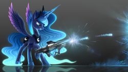Size: 3000x1688 | Tagged: safe, artist:duskie-06, character:princess luna, species:alicorn, species:pony, bruised, crossover, energy weapon, female, gun, halo (series), mare, serious, serious face, solo, video game crossover, weapon