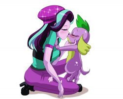 Size: 1560x1260 | Tagged: safe, artist:traupa, character:spike, character:spike (dog), character:starlight glimmer, species:dog, ship:sparlight, my little pony:equestria girls, beanie, blushing, clothing, eyes closed, female, hat, interspecies, kissing, love, male, shipping, simple background, straight, white background
