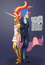 Size: 1207x1749 | Tagged: safe, artist:oldskullkid, character:daydream shimmer, character:flash sentry, character:sunset shimmer, ship:flashimmer, my little pony:equestria girls, armor, back to back, commission, dark samus, daydream shimmer, fanfic art, female, hand, holding hands, male, metroid, metroid prime, phazon, shipping, straight