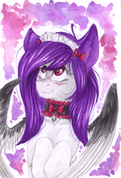 Size: 1691x2483 | Tagged: safe, artist:scootiegp, oc, oc:cinnamon twist, species:pegasus, species:pony, bow tie, collar, female, mare, traditional art, watercolor painting